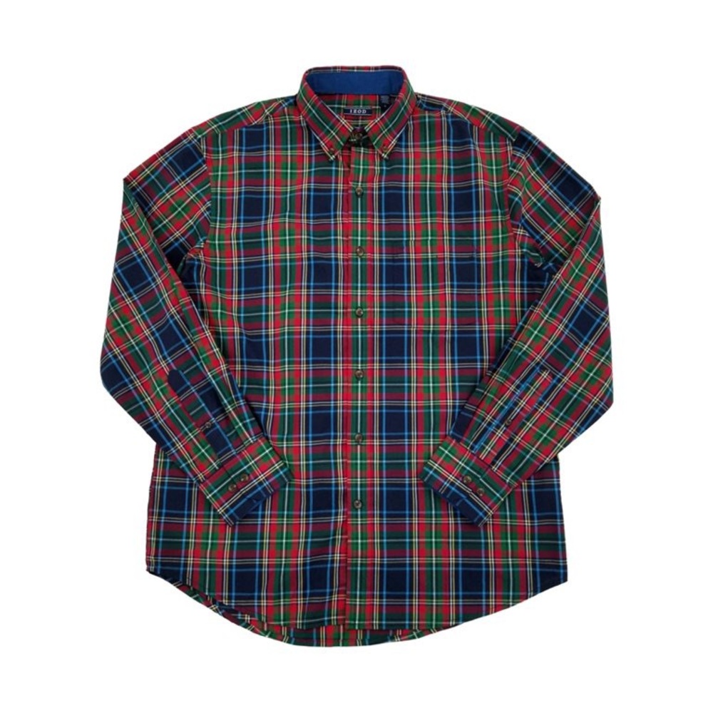 Izod Midnight Blue Plaid Tartan Long Sleeve Button-Down Shirt